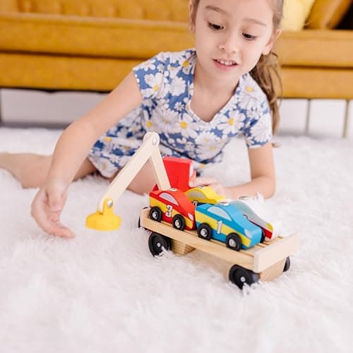 Melissa & Doug Magnetic Car Loader Wooden Toy Set with 4 Cars and 1 Semi-Trailer Truck Crane Wooden Toy, Vehicle Toys for Kids Ages 3+ thumbnail 7