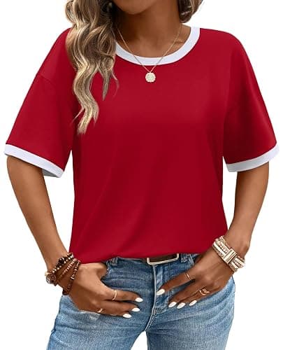 WIHOLL Womens T Shirts Loose Fit Short Half Sleeve Crew Neck Oversized Tshirts Color Block Summer Tops Fashion 2026 thumbnail 2