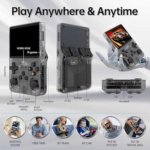 R36S Retro Spielkonsole, 3,5 Zoll IPS Bildschirm, 128GB Speicher, 40.000 Vorinstallierte Spiele, Tragbare Handheld Konsole für Kinder und Erwachsene, Multi-Emulator Unterstützung, Violett (Black) thumbnail 4