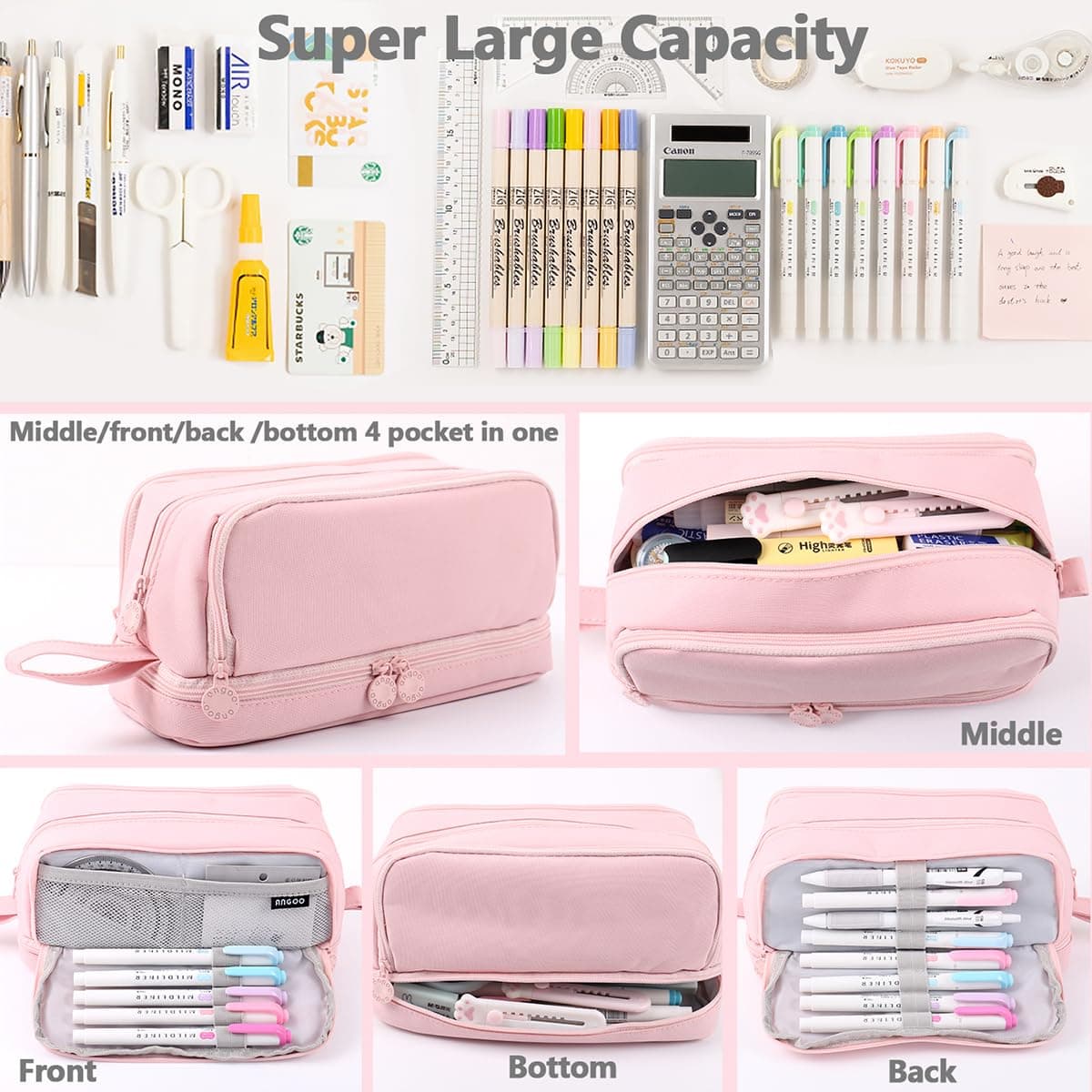 MAMUNU Large Capacity Pencil Case,Big Pen Pencil Pouch 3 Compartments Adult, Expandable Pencil Case with Portable Handle,School Stationery Organizer,Travel Makeup Cosmetic Bag, Pink, Make-Up Pouch thumbnail 5