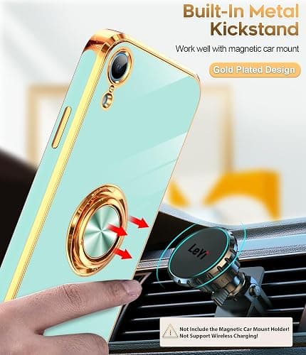 LeYi for iPhone XR Phone Case: with Tempered Glass Screen Protector [2 Pack] 360° Rotatable Ring Holder Magnetic Kickstand, Plating Rose Gold Edge for iPhone XR Case, Mint thumbnail 5