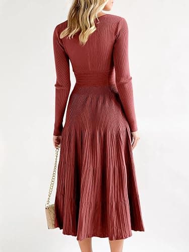 Saodimallsu Womens Long Sleeve Midi Sweater Dress Wrap V Neck Pleated A Line Fit Flare Elegant Knit Maxi Dress thumbnail 5