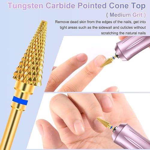CGBE 2 Stück Nagelfräser Aufsätze, Wolframcarbid Hartmetall Nagelfräser Bits Mittlere Körnung Entfernen Gel Acryl Nagelhaut, 3/32 Zoll Gold Fräser Bits für Maniküre Pediküre, Kegel + Spitzkegel Form thumbnail 4