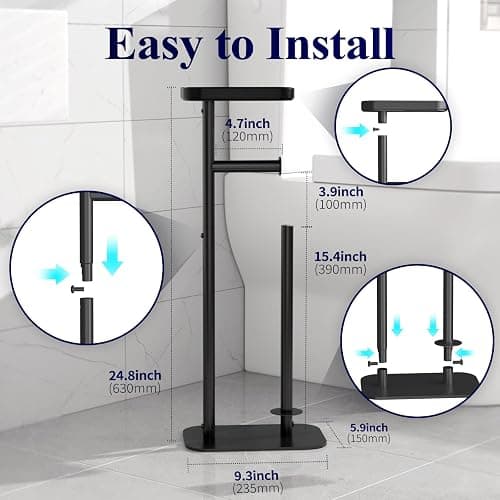 Kitsure Toilet Paper Holder Free Standing – Rustproof Metal Toilet Paper Stand for 4 Rolls with Anti-Slip Base and Shelf for Phone & Small Items, Bathroom Organizers and Storage, Medium, Black thumbnail 2