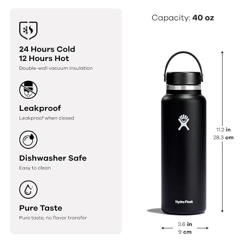 Hydro Flask Water Bottle - Insulated Stainless Steel - Wide Mouth Flex Lid, Non Spill, Leakproof and Refillable in 40 Oz thumbnail 3