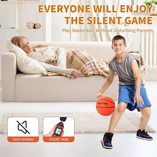 Montxilele Indoor Silent Basketball Size 7 with Hoop (29.5") – Airless Foam Ball for Quiet Indoor Dribbling, Ships Uncompressed, Foldable Wall-Mounted Hoop with Adhesive Mount, No Drilling thumbnail 4