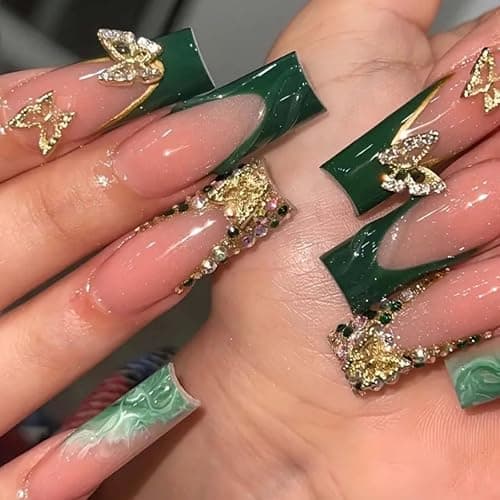 YoYoee Press on Nails -Luxury Long Fake Nails Coffin False Nails French Green Nails Butterfly Tips for Women and Girls 24Pcs - Image 1