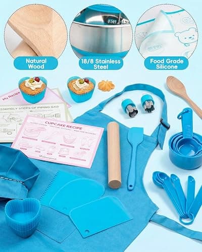 Kids Baking Set–Real Cooking Set for Kids with Kids Cooking Utensils & Kitchen Accessories, Measuring Tools & Baking Supplies,Great Gift for Pretend Play & Montessori Learning (Blue) thumbnail 5