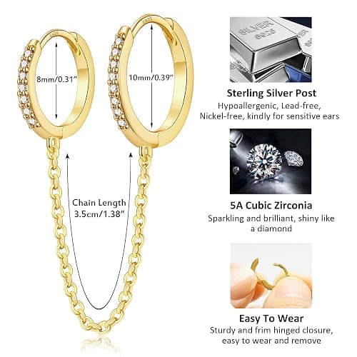 CERSLIMO Small Huggie Hoop Earrings for Women, 14K Gold Plated Sterling Silver Post Chain Hoops Hypoallergenic Dangle Drop Earrings thumbnail 6