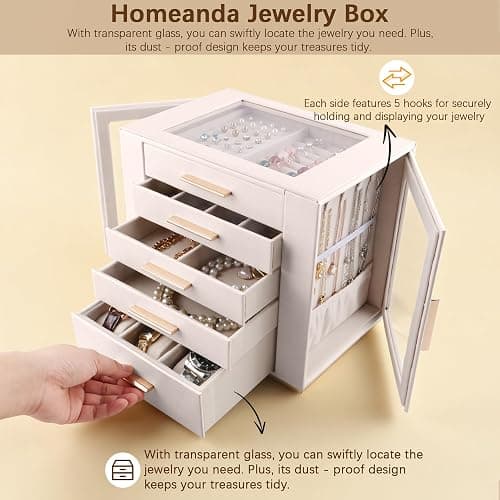 Homeanda Jewellery Box, Large 5-Layer Organiser Case with Glass Lid, Beige | Modern PU Leather Case with Drawers & Side Necklace Hooks, Velvet Organiser for Rings & Earrings, Gift for Women & Girls thumbnail 6