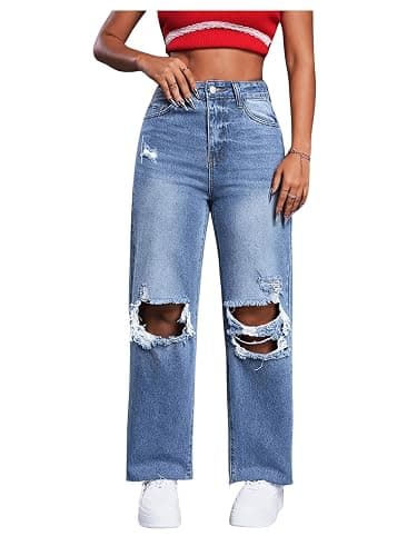 SweatyRocks Women's High Waist Ripped Distressed Cropped Jeans Straight Leg Denim Pants - Image 1
