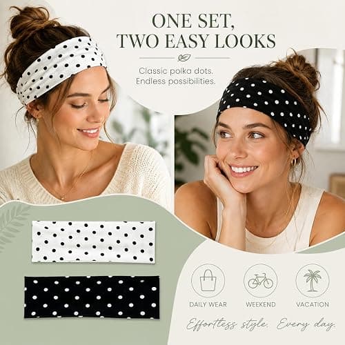 duwieo 2Pcs Classic Black White Polka Dot Wide Headbands, Elastic Non-Slip Soft Polka Dot Headband, Fashion Women Hair Accessories for Yoga Workout Party Daily thumbnail 7