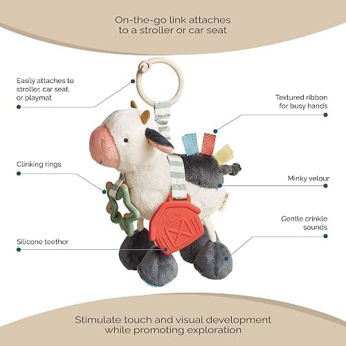 Itzy Ritzy Link & Love Toy for Stroller or Car Seat – Features Textured Ribbons, Crinkle Sounds, Clinking Rings & Silicone Teether – Designed for Ages 0 Months and Up (Cow) thumbnail 6