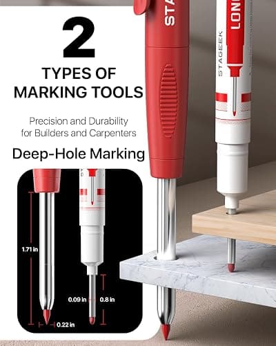 STAGEEK 3PCS Carpenter Pencils with Sharpener, Heavy Duty Woodworking Tools, Mechanical Pencil Set with 39 Refills, Deep Hole Long Nib Marker Pens for Architect Marking with Case (Red, Black, Yellow) thumbnail 2