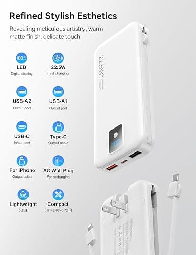 Rngsnoy Portable Charger 12000mAh 22.5W w/Built-in Cable & Wall Plug White | 22.5W fast charging, LED display, Charging 5 devices at once, Pass through charging, TSA approved, Compatible with iPhone thumbnail 6