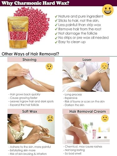 Charmonic Depilatory Wax, 17.5 Oz Hard Body Wax Beans for Women Men, Hair Removal European Beads 500g/1.1 lb (rose) thumbnail 5