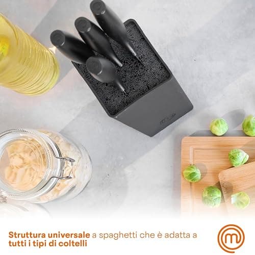 MasterChef Set Coltelli da Cucina con Ceppo Universale, Portacoltelli con Lama Affilato per Pane, Carne, Verdure e altro, Acciaio Inox, Prova di Calore, Manici Neri, 5 Pezzi, Nero thumbnail 5