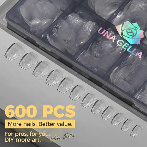 UNA GELLA Short Coffin Nail Tips 600Pcs, Short Coffin Gel Nails Tips Pre Etched 12 Sizes Soft Gel Fake Nails Tips Pre-file Full Cover for Nail Extension Home DIY Salon with Box thumbnail 3