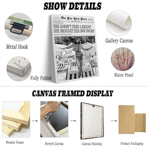 Funky New York Newspaper Wall Art She Doesn't Need a Knight; She Brought Her Own Sword Vintage Black and White Feminist Newspaper Posters Preppy Dorm Office Wall Decor 24x36in Large Frame wall art thumbnail 3