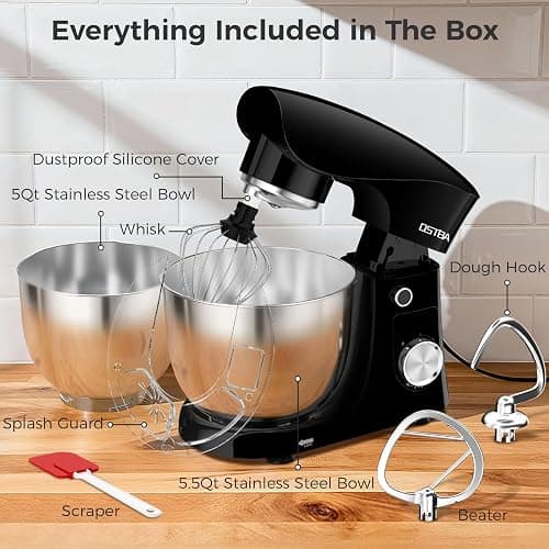 OSTBA Stand Mixer, 5QT+5.5QT Two Bowls Electric Kitchen Mixer, 10+P Speed Dough Mixer with Whisk, Beater & Dough Hook, Dishwasher Safe, Black thumbnail 9
