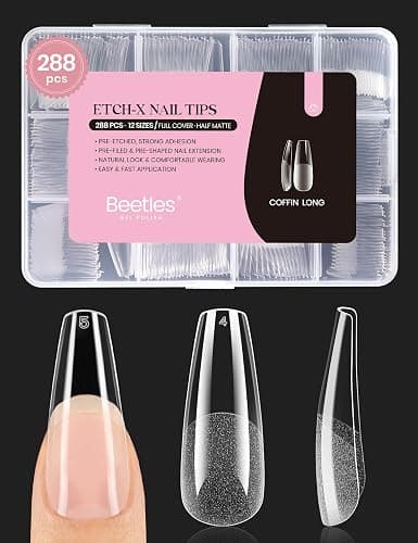 Beetles Coffin Long Gel Nail Tips –Pre-Etched Half Matte Full Cover, 288 Pieces, Pre-Shaped in 12 Sizes for Press-On Extensions - Image 1