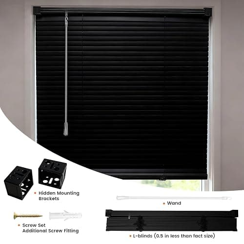 100% Privacy 1" Vinyl Cordless Mini Blinds for Indoor Windows 20.5" WX36 H. | L-Shaped Blades Horizontal Room Darkening & Light Filtering Blind for Home Black. thumbnail 7