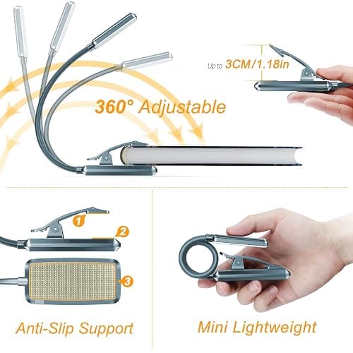 Gritin 9 LED Rechargeable Book Light for Reading in Bed - Eye Caring 3 Color Temperatures,Stepless Dimming Brightness,80 Hrs Runtime Small Lightweight Clip On Book Reading Light-Pacific Blue thumbnail 5
