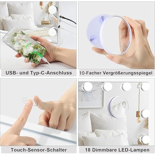Dripex Hollywood Schminktischspiegel mit Beleuchtung, Hollywood Spiegel mit Beleuchtung, Schminkspiegel mit 18 Lampen und 3 Farbtemperatur Licht, Kosmetikspiegel mit Touch Steuerung, 80 x 60 cm Weiß thumbnail 7