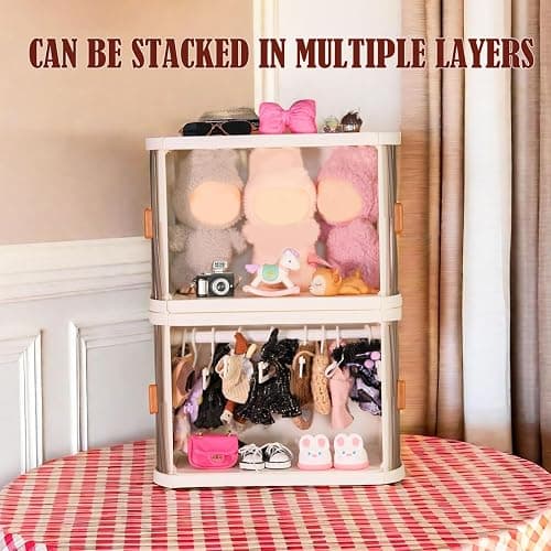 Foldable Doll Wardrobe Storage Box Compatible with Labubu Clothes with 10 Hangers & Rod - Stackable Organizer Cabinet for 15/17cm Doll Clothes with Dust-Resistant Cover and Display Shelf thumbnail 7