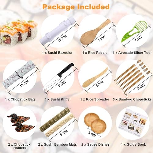 Luney Sushi Making Kit for Beginners, 18 in 1 Sushi Roller Maker Set | With Bamboo Rolling Mat, Bazooka, Chopsticks Holders, Rice Paddle, Avocado Slicer for Adults, Family, Friends, Home, Reusable thumbnail 3