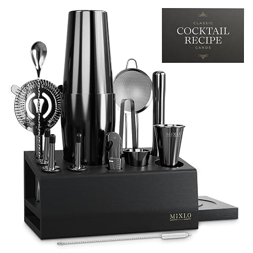 MIXLO HOME Mixology Bartender Kit - 15Pcs Bar Set Cocktail Shaker Set w Black Bar Cart Accessories Stand - Shakers Bartending Gun Metal Black Tools, 24oz Shaker, 17 Recipe Cards, Martini Barware thumbnail 9