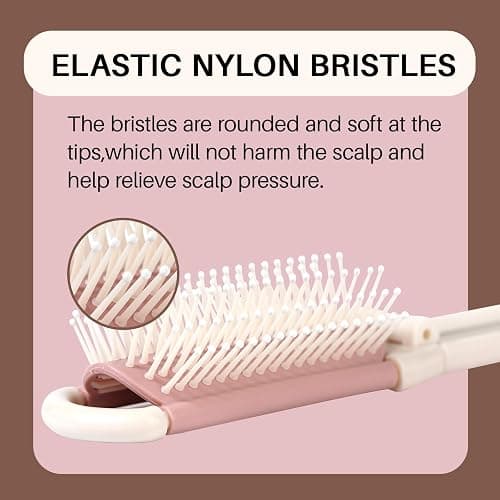 RHOS Folding Brush with Mirror for Women, Girls - Mini Hair Brush for Purse, Small Pocket Brush with Soft Nylon Bristles and Mirror for Travel (Beige) thumbnail 4