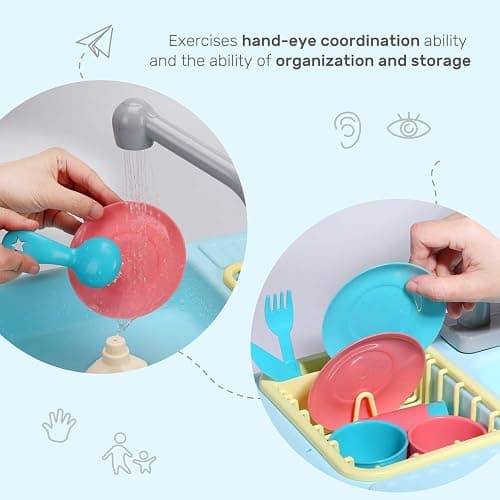 CUTE STONE Color Changing Kitchen Sink Toys, Children Electric Dishwasher Playing Toy with Running Water, Upgraded Faucet, Automatic Water Cycle System Play House Pretend Role Play Toys for Boys Girls thumbnail 9