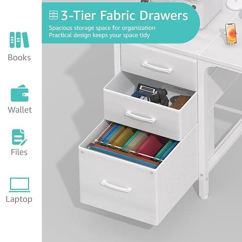 Lufeiya White Desk with File Drawers Cabinet, 47 Inch Reversible Computer Desk with Fabric Filing Cabinet for Bedroom Small Space Home Office, Modern Writing Table PC Desks, White thumbnail 6
