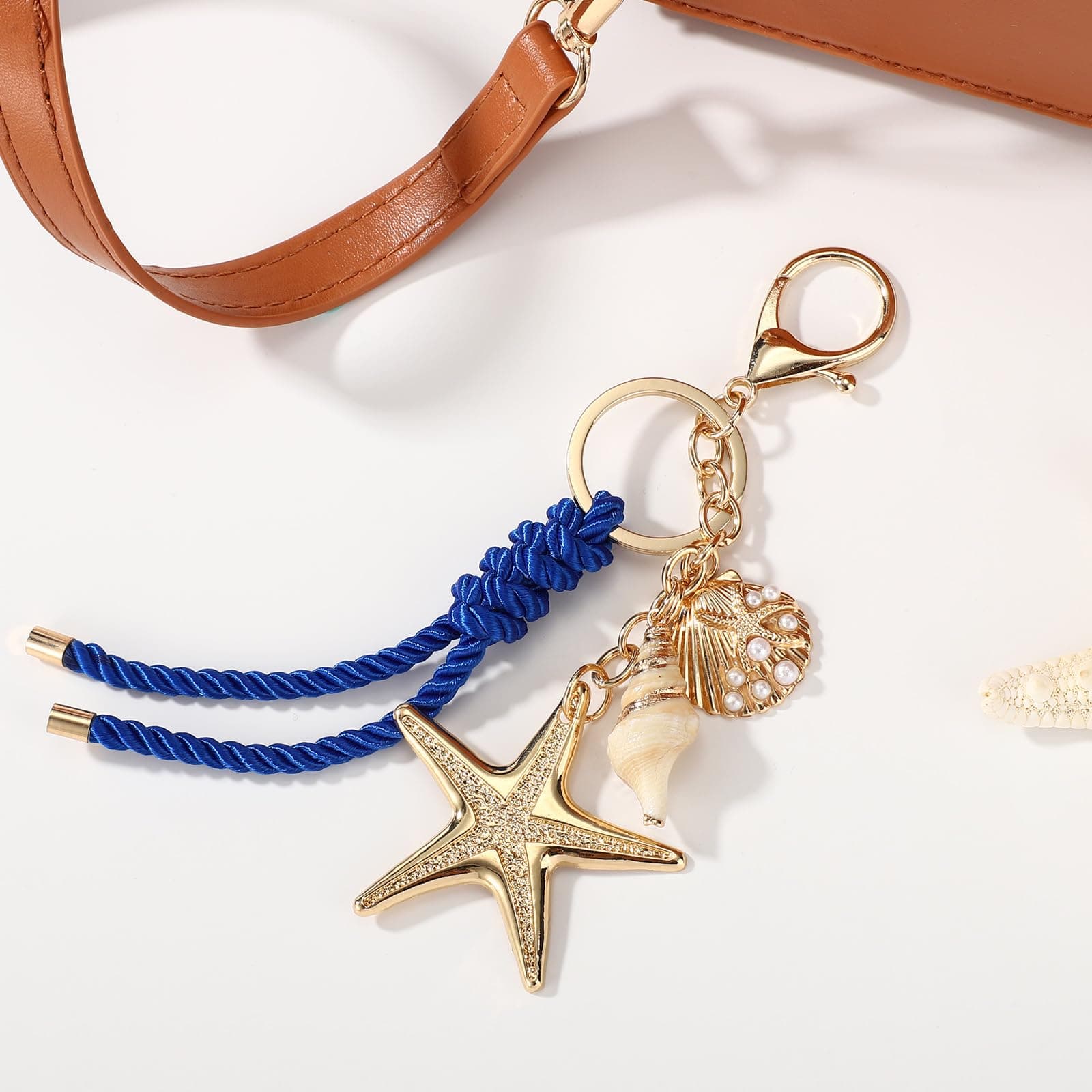 Starfish and Shell Keychain, 6.3x2.36in Alloy Sea Bag Charm with Blue Braided Rope Starfish Shell and Conch Keychain for Summer Wallet Backpack Ornament thumbnail 3