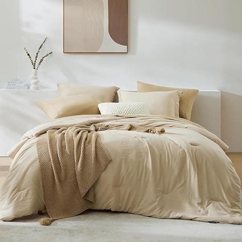WRENSONGE Full Size Comforter Set- 7 Pieces Soft Beige Bed in a Bag Full with Fitted Sheet, Flat Sheet, 2 Pillow Shams, 2 Pillowcases, Warm Bedding Sets for All Season - Image 1