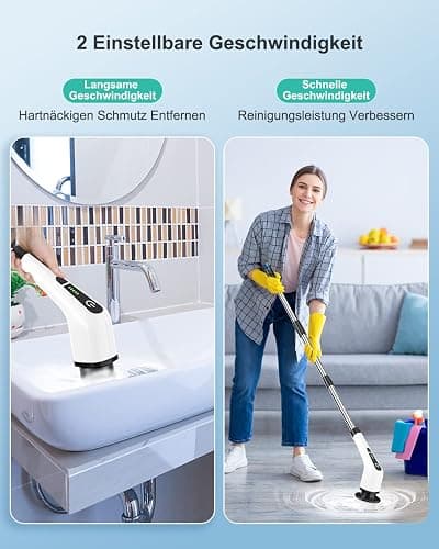 Elektrische Reinigungsbürste,Electric Spin Scrubber schnurlos mit 8 austauschbaren Bohrbürstenköpfen, Wanne und Bodenfliese mopSet mit 137cm verstellbarem Griff für Bad Küche Auto Fußboden (Weiß) thumbnail 7
