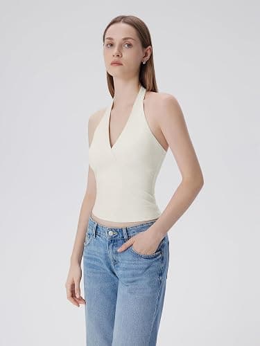 SUUKSESS Women Halter Backless Tank Tops with Built in Bra Double Lined V Neck Y2k Going Out Tops thumbnail 5