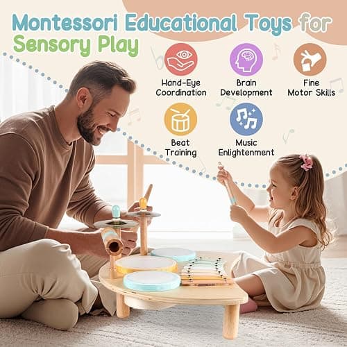 Kids Drum Set Montessori Musical Instruments for Toddlers 1-3, Wooden Baby Drum Kit with Xylophone, Preschool Music Toys for Early Learning, Educational Birthday Gift for Boys Girls (Multicolored) thumbnail 3