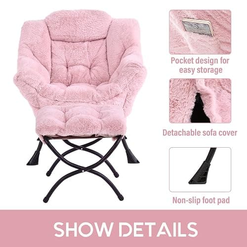 LITA Lazy Chair with Ottoman, Modern Accent Leisure Upholstered Sofa, Contemporary Lounge Reading Chair with Armrests and a Side Pocket for Living Room, Bedroom & Small Spaces, Plush Pink thumbnail 6