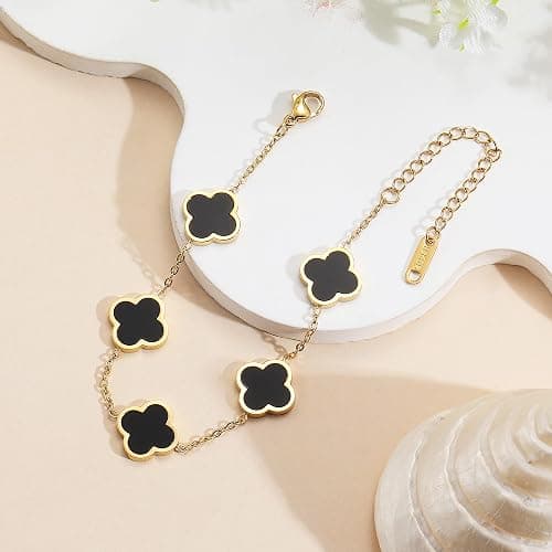 AIPPK 18K Gold Plated Clover Lucky Bracelet for Women White/Black/Red/Green Flower Four Leaf Link Bracelets Trendy Jewelry Gifts for Women thumbnail 3
