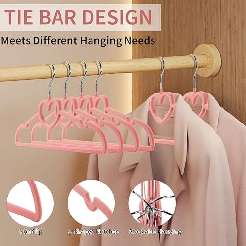 Seuqhck 50 Pack Velvet Pink Hangers, Cute Heart Clothes Hangers with 360 Degree Swivel Hook, Non-Slip Thin Felt Hanger for Adult, Coat, Dress, Shirt, Jacket, Pants in Closet thumbnail 3