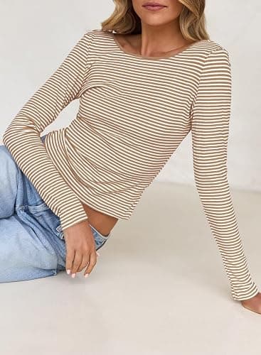 Falechay Womens Summer Short/Long Sleeve Tops Sexy Backless Striped Shirts Going Out T-Shirt Y2K Crop Blouse Boat Neck Outfit thumbnail 4