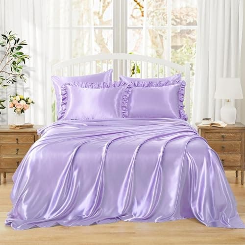 Homiest Ruffled Satin Sheets Queen Size 6pc Set, Lavender Purple Silk-Like | Silky Smooth With Pearlescent Finish, 15-Inch Deep Pocket With Ruffled Pillowcases, Gentle On Hair And Skin, Anti-Pilling thumbnail 2