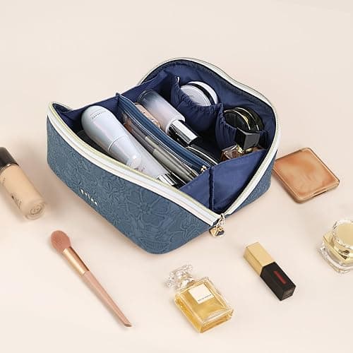 Prite Travel Cosmetic Bag Makeup Organizer Bag for Women Large Capacity Waterproof PU Leather Toiletry Bag with Handle and Clear Divider(Blue Flower) thumbnail 6