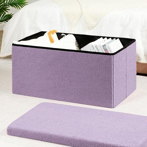 PINPLUS Folding Storage Ottoman Bench, Sherpa Ottoman with Storage, Large Long Shoes Bench Chest with Lid, Footrest for Living Room, Entryway, Purple, 31.5'' x 15.7'' x 15.7'' thumbnail 2