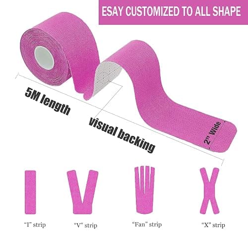 Kinesiology Tape Precut (3 Rolls,60 Precut Strips) Waterproof Sports & Athletic tape for Athletes - Therapeutic Physio Elastic Sports Tape Pain Relief Adhesive for Muscles Shin Splints Ankle Neck Knee & Shoulder 5m(Pink) thumbnail 2