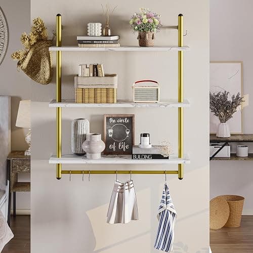 Bestier 31" Industrial Pipe Shelving, Floating Kitchen Wall Shelves 3 Tier Coffee Bar Shelves for Wall with 8 Hooks, Hanging Display Shelf Bookshelf for Living Room Bathroom, White Marble thumbnail 6