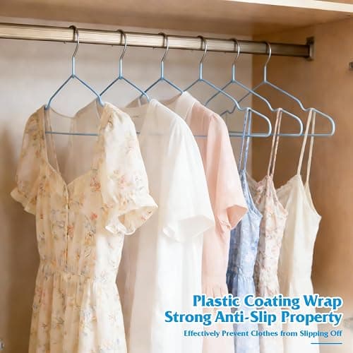 150 Pack Clothes Hangers,Non Slip Blue Plastic Coated Metal Coat Hanger for Closet,Sturdy Thin Hangers Bulk Space Saving Hangers for Pants,Skirt,Shirt,Dress,Tie thumbnail 6