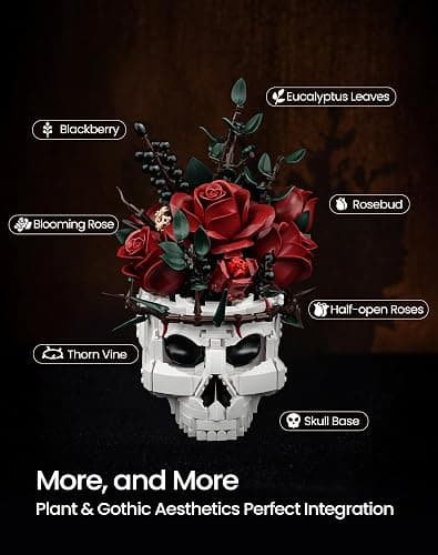 iATOM Skull Roses Flower Bouquet Building Set, Botanical Collection Kit for Adult Women, Birthday Gifts for Mothers Day for Her/Girlfriend/Mom/Wife/Couple, Goth Horror Skeleton Pot Home Table Decor thumbnail 4